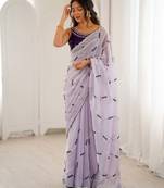 Lavender fendy satin embroidered saree with unstitched blouse