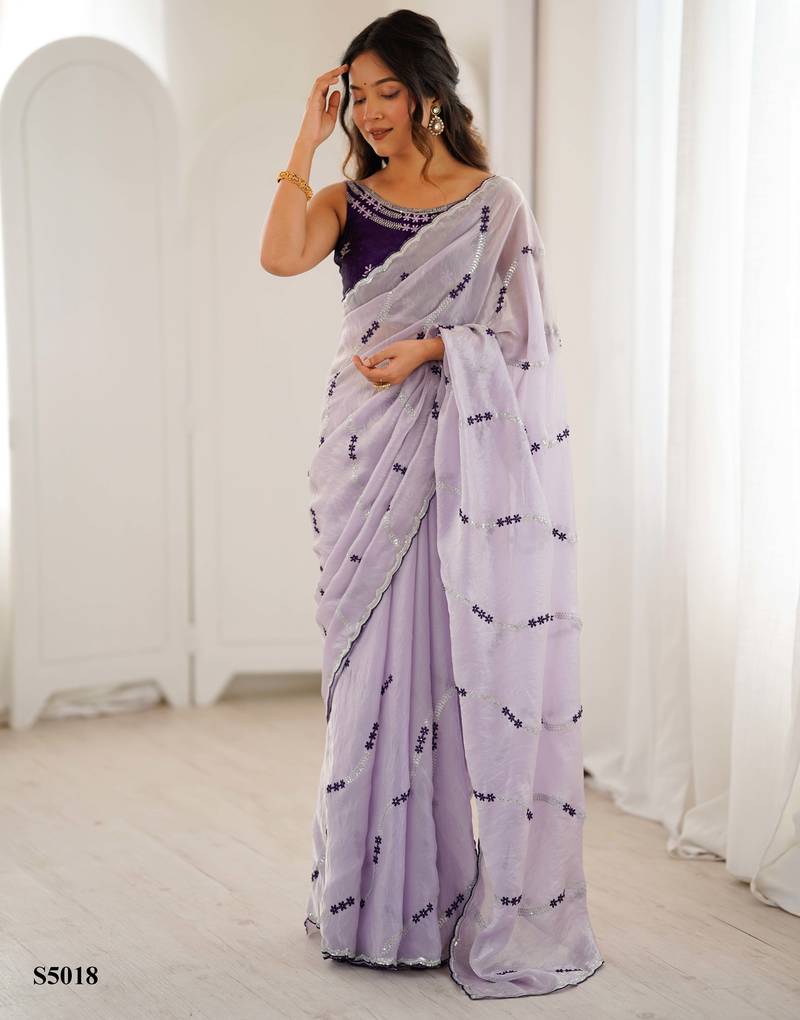 Lavender fendy satin embroidered saree with unstitched blouse