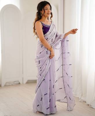 Lavender fendy satin embroidered saree with unstitched blouse 2