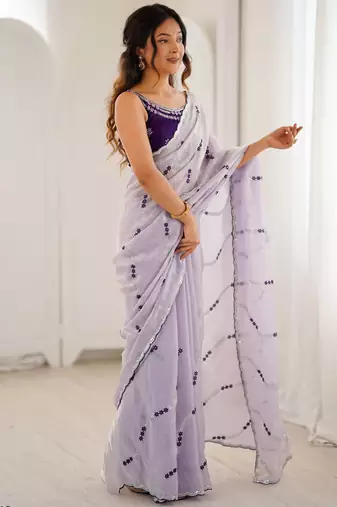 Lavender fendy satin embroidered saree with unstitched blouse
