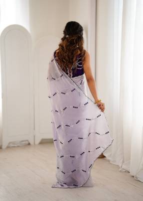 Lavender fendy satin embroidered saree with unstitched blouse 3