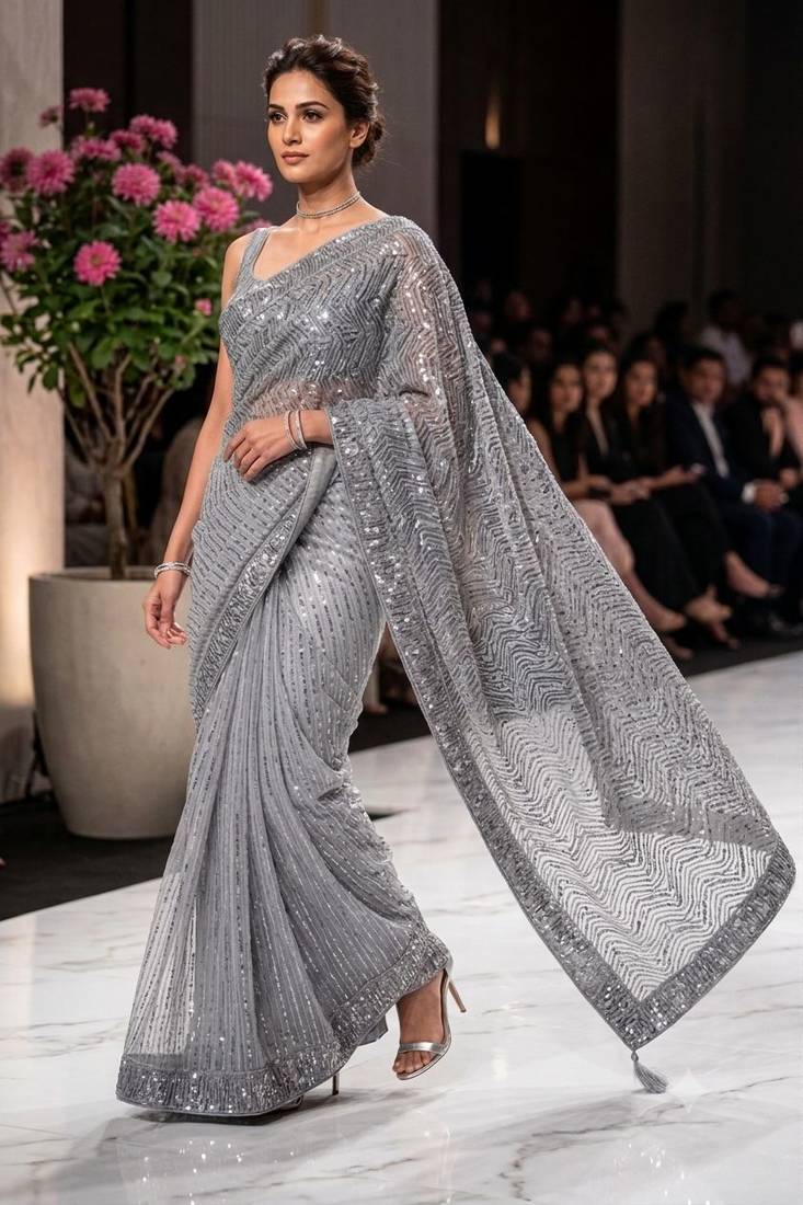 Silver imported half half sequin saree with silk blouse