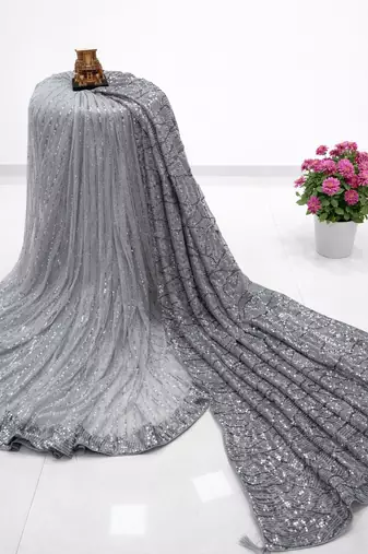 Silver imported half half sequin saree with silk blouse