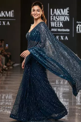 royal blue imported half half sequin saree with silk blouse