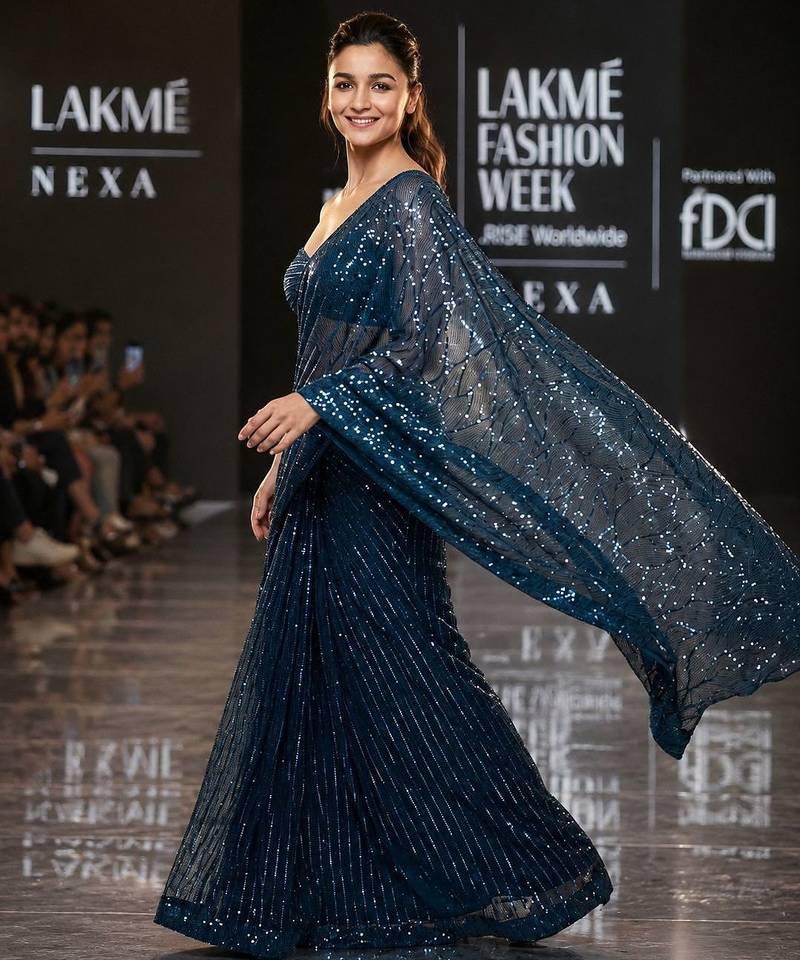 royal blue imported half half sequin saree with silk blouse