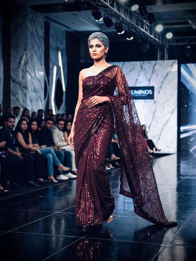 Plum imported half half sequin saree with silk blouse