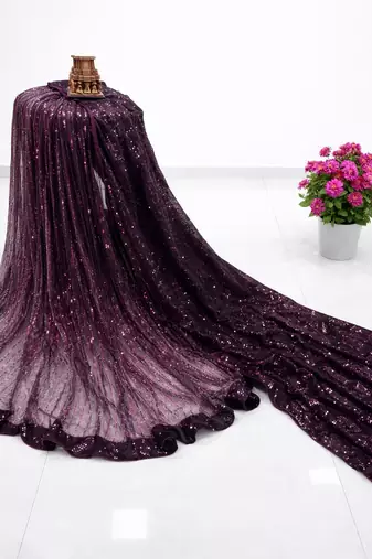 Plum imported half half sequin saree with silk blouse