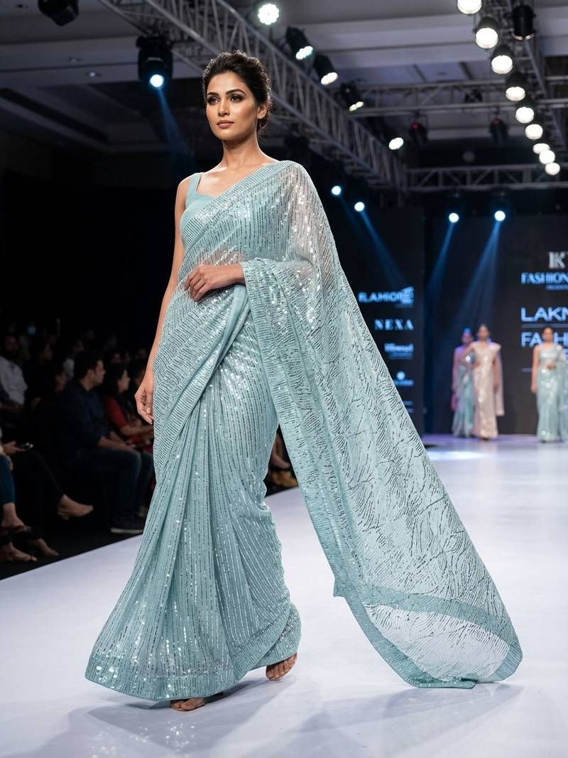 Blue imported half half sequin saree with silk blouse