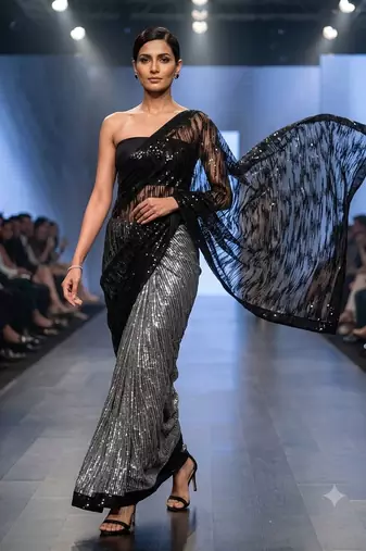 Black imported half half sequin saree with silk blouse