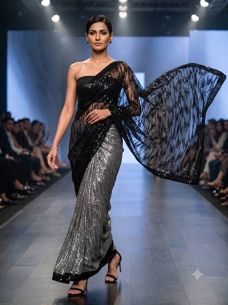 Black imported half half sequin saree with silk blouse