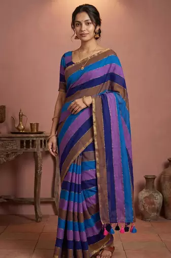 Blue traditional khadi cotton casual wear saree