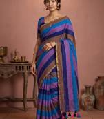 Blue traditional khadi cotton casual wear saree