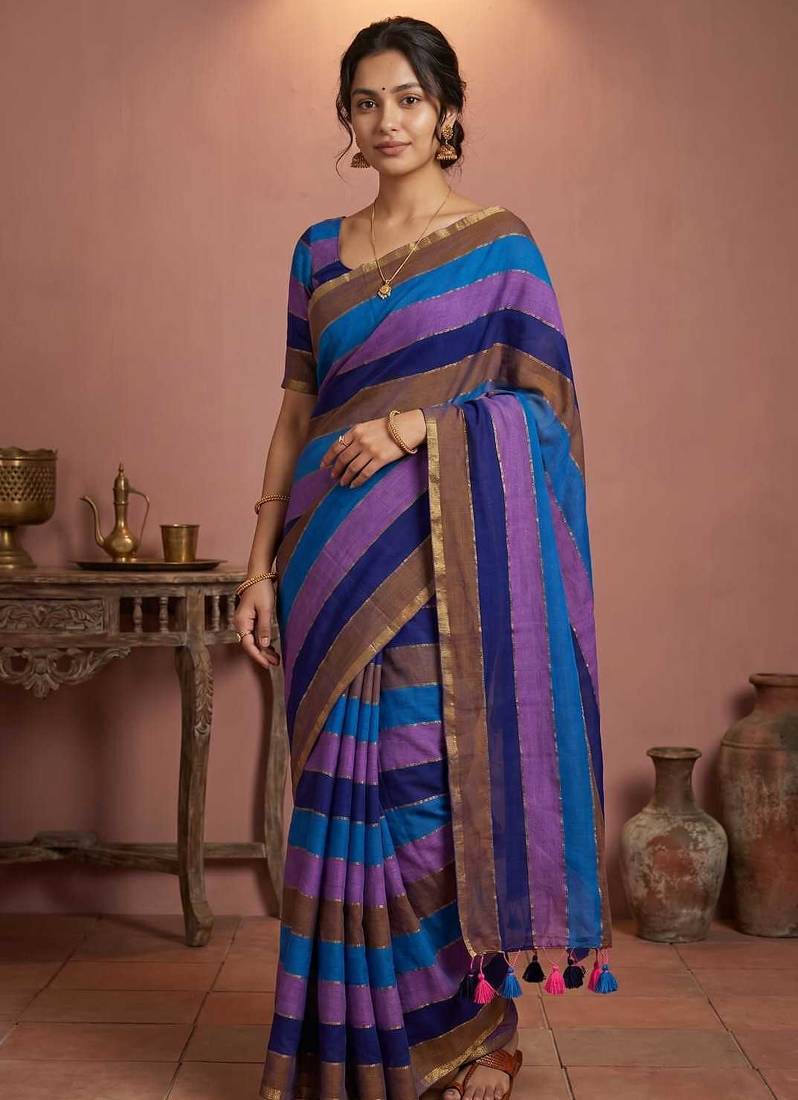 Blue traditional khadi cotton casual wear saree
