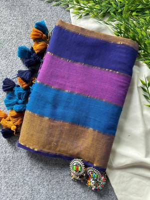 Blue traditional khadi cotton casual wear saree 2