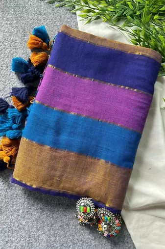 Blue traditional khadi cotton casual wear saree