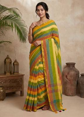 Yellow traditional khadi cotton casual wear saree 1