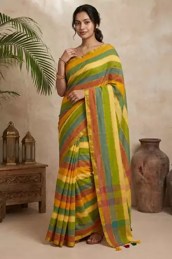 Yellow traditional khadi cotton casual wear saree