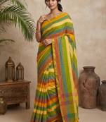 Yellow traditional khadi cotton casual wear saree