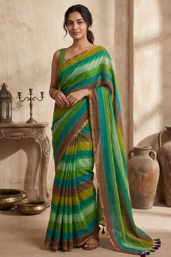 Green traditional khadi cotton casual wear saree