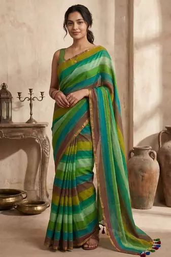 Green traditional khadi cotton casual wear saree