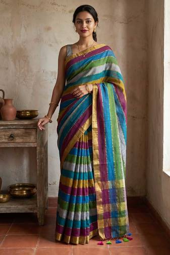 Multicolor traditional khadi cotton casual wear saree