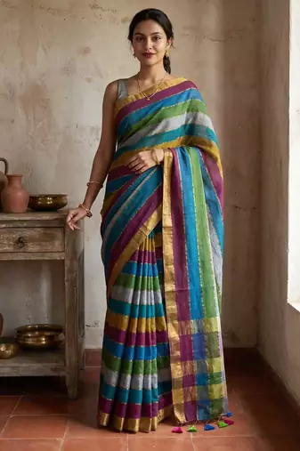 Multicolor traditional khadi cotton casual wear saree