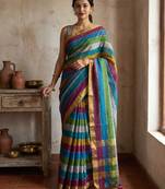 Multicolor traditional khadi cotton casual wear saree