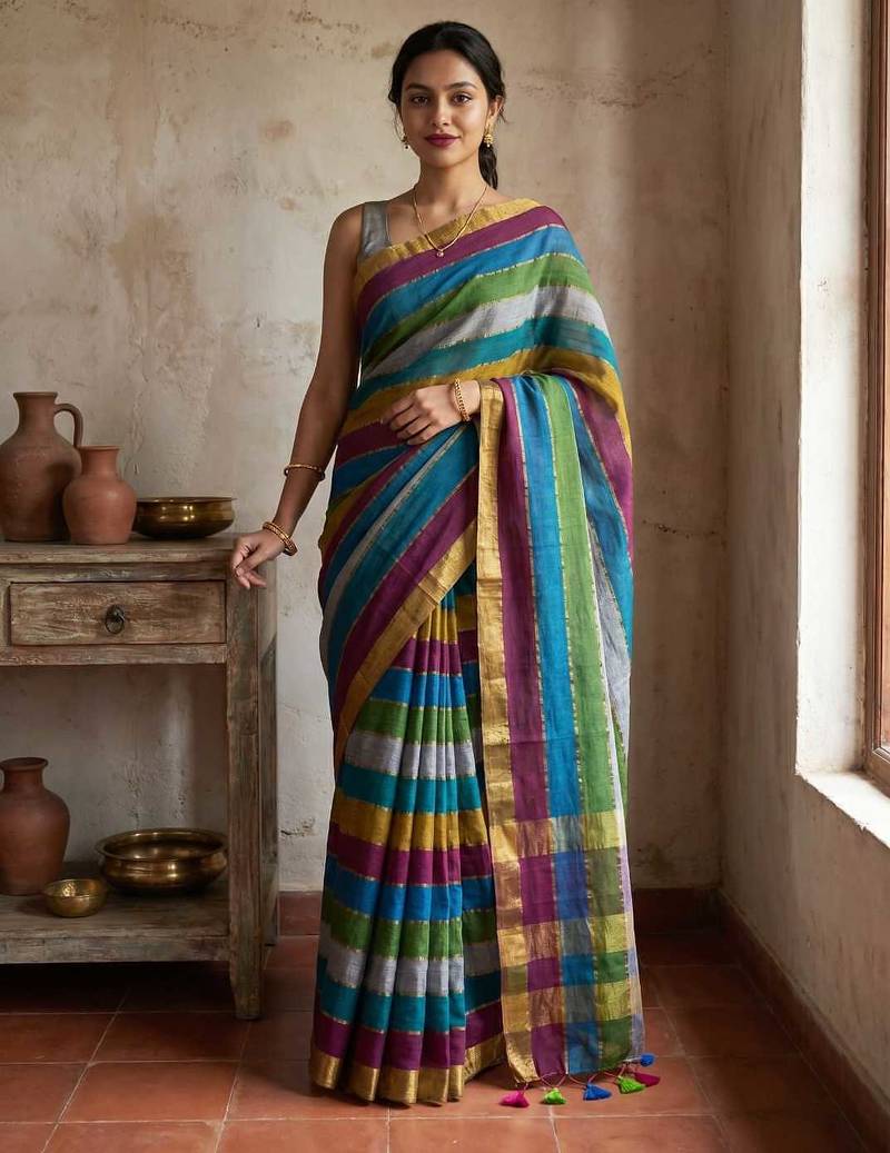 Multicolor traditional khadi cotton casual wear saree