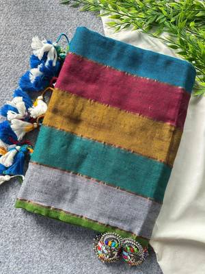 Multicolor traditional khadi cotton casual wear saree 2