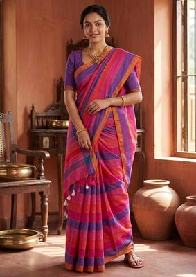 Pink traditional khadi cotton casual wear saree 1