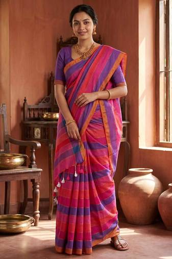 Pink traditional khadi cotton casual wear saree