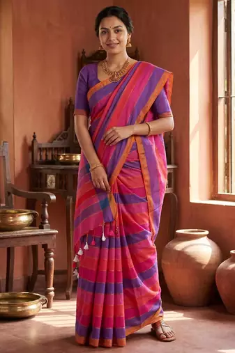 Pink traditional khadi cotton casual wear saree