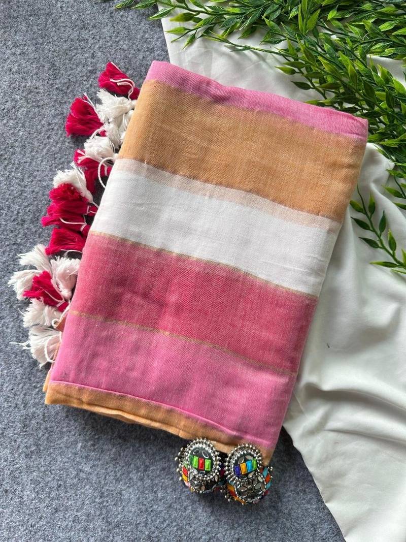 Pink traditional khadi cotton casual wear saree