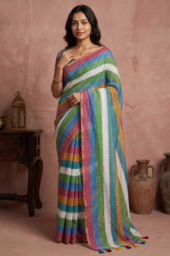 Multicolor traditional khadi cotton casual wear saree