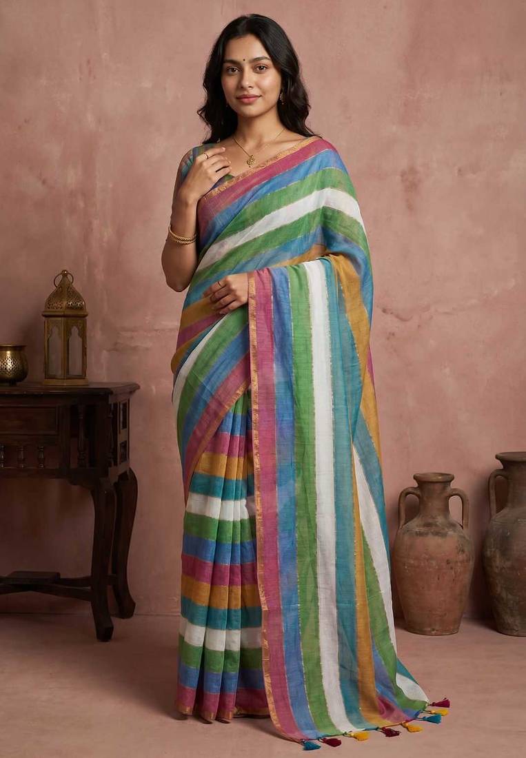 Multicolor traditional khadi cotton casual wear saree