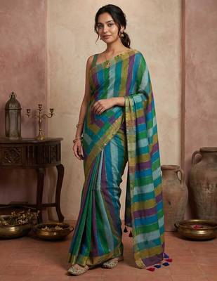 Teal blue traditional khadi cotton casual wear saree 1