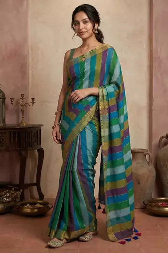 Teal blue traditional khadi cotton casual wear saree