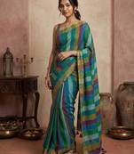Teal blue traditional khadi cotton casual wear saree
