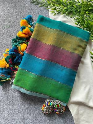 Teal blue traditional khadi cotton casual wear saree 2