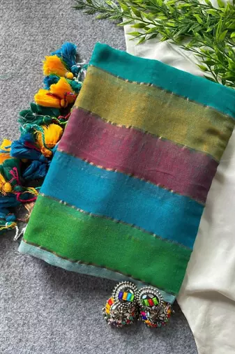 Teal blue traditional khadi cotton casual wear saree