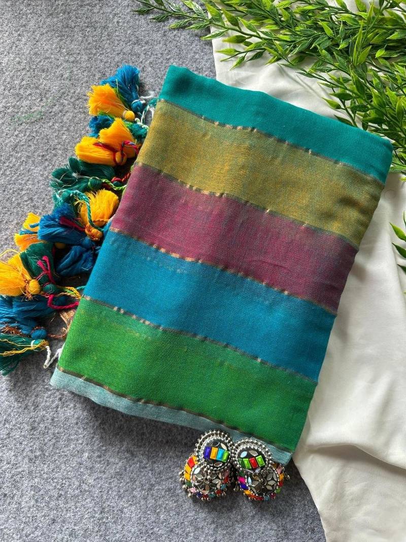 Teal blue traditional khadi cotton casual wear saree