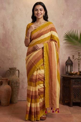 Beige traditional khadi cotton casual wear saree