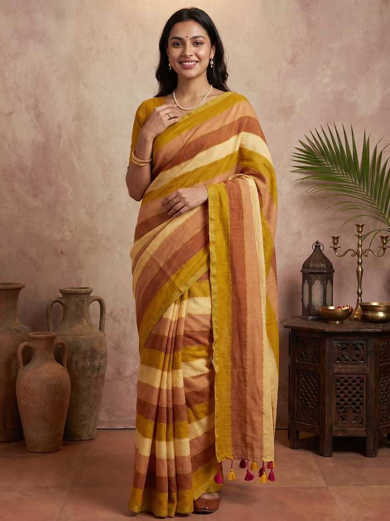 Beige traditional khadi cotton casual wear saree