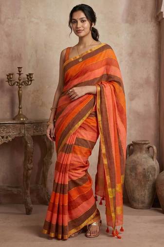 Orange traditional khadi cotton casual wear saree