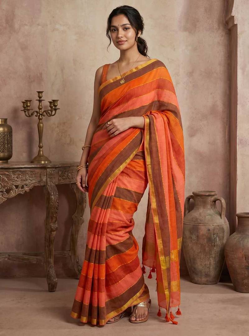 Orange traditional khadi cotton casual wear saree