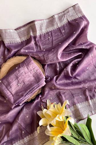 Lavender Color  embroidery And sequins Work Silk Blend Saree