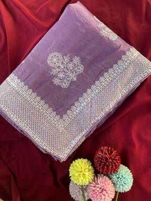 Lavender Color  embroidery And sequins Work Silk Blend Saree 5