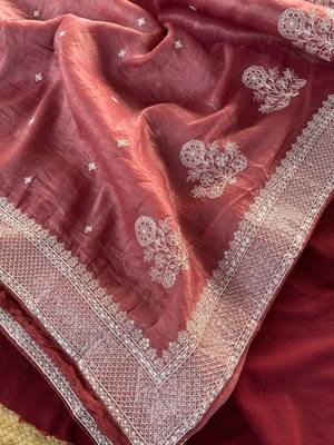 Peach Color  embroidery And sequins Work Silk Blend Saree 1