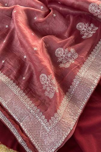 Peach Color  embroidery And sequins Work Silk Blend Saree
