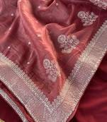 Peach Color  embroidery And sequins Work Silk Blend Saree